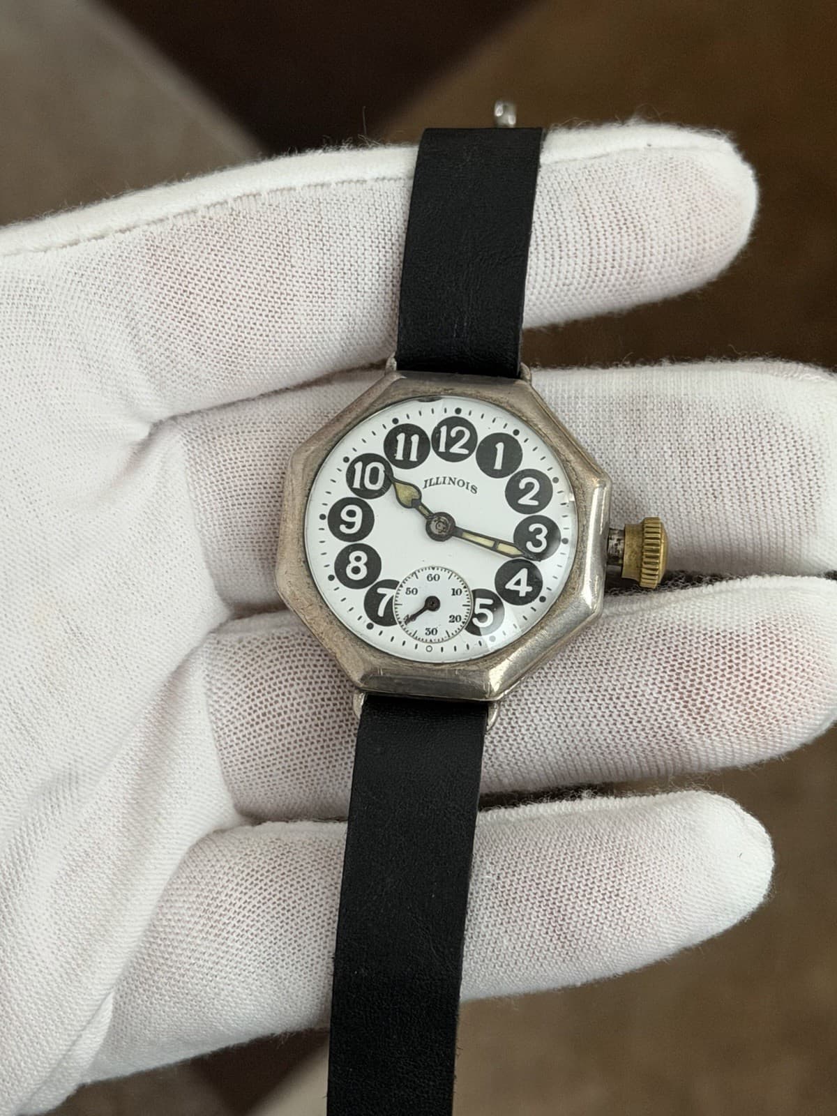 Vintage Illinois Sterling Silver Telephone Dial Art Deco Military Trench Watch