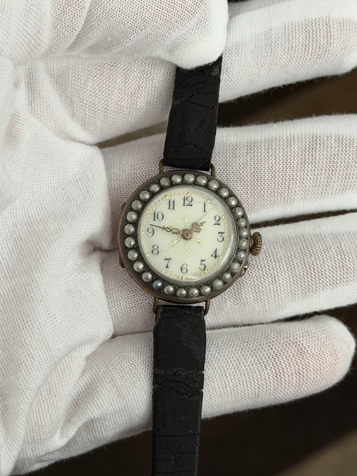 Vintage Vacheron Constantin Lépine 10K Gold Pearl Bezel Enamel Art Deco Watch