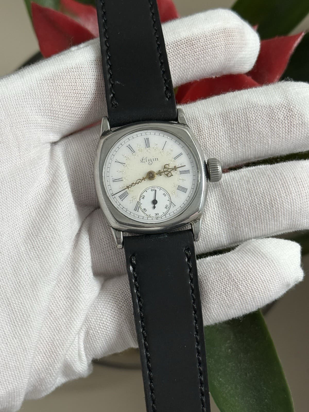 Vintage Elgin Art Deco Fancy Enamel Dial 7J Men’s Manual Cushion Case Watch 
