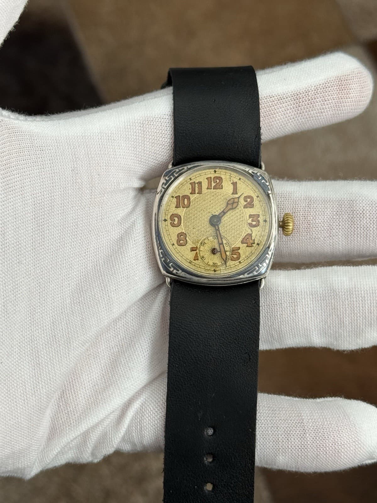 Rare Vintage Art Deco Niello Silver Cushion Case Men’s Manual Wind Watch 1920s