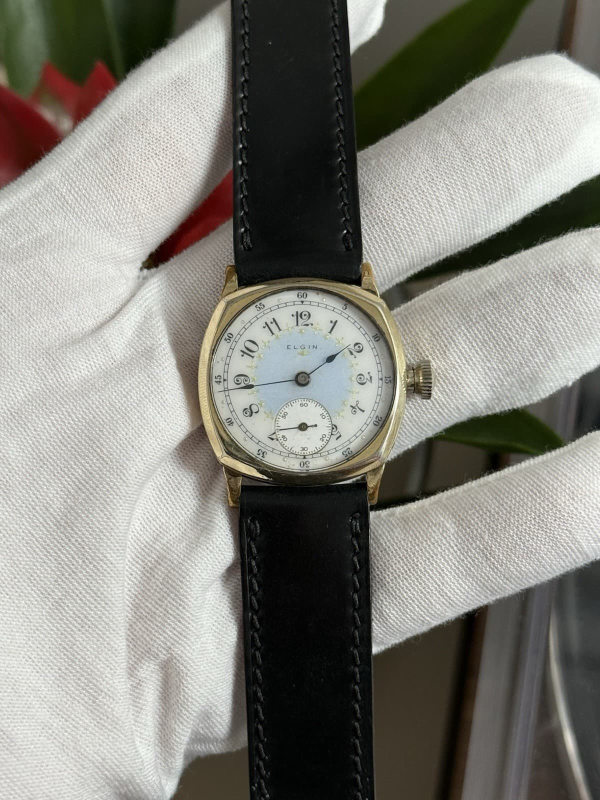Vintage Elgin Art Deco Fancy Enamel Dial 7J Men’s Manual Cushion Case Watch 